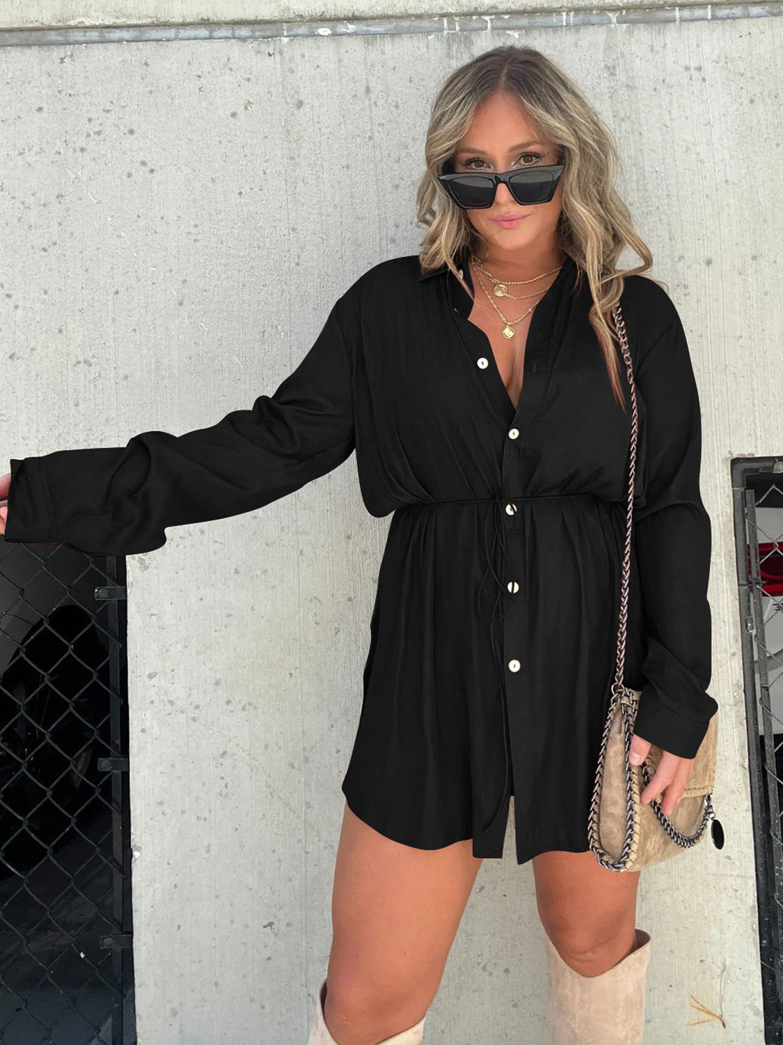 Button Up Long Sleeve Slit Shirt and Shorts Set - AllIn Computer