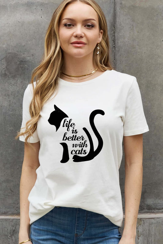 Simply Love Simply Love Full Size LIFE IS BETTER WITH CATS Graphic Cotton Tee - AllIn Computer