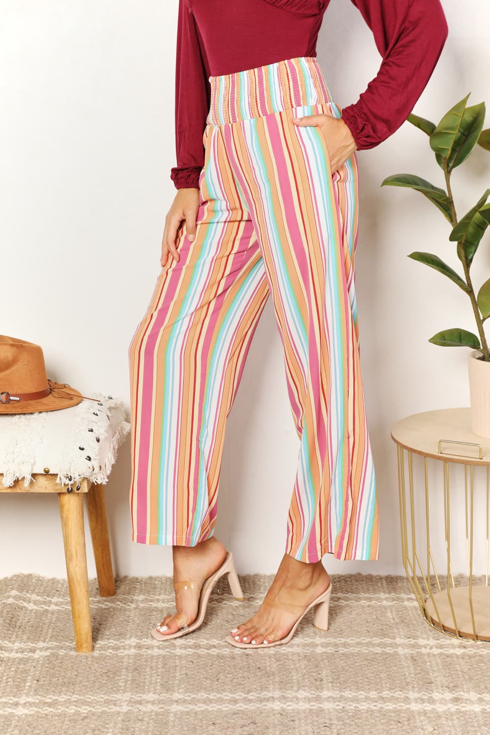 Double Take Striped Smocked Waist Pants with Pockets - AllIn Computer