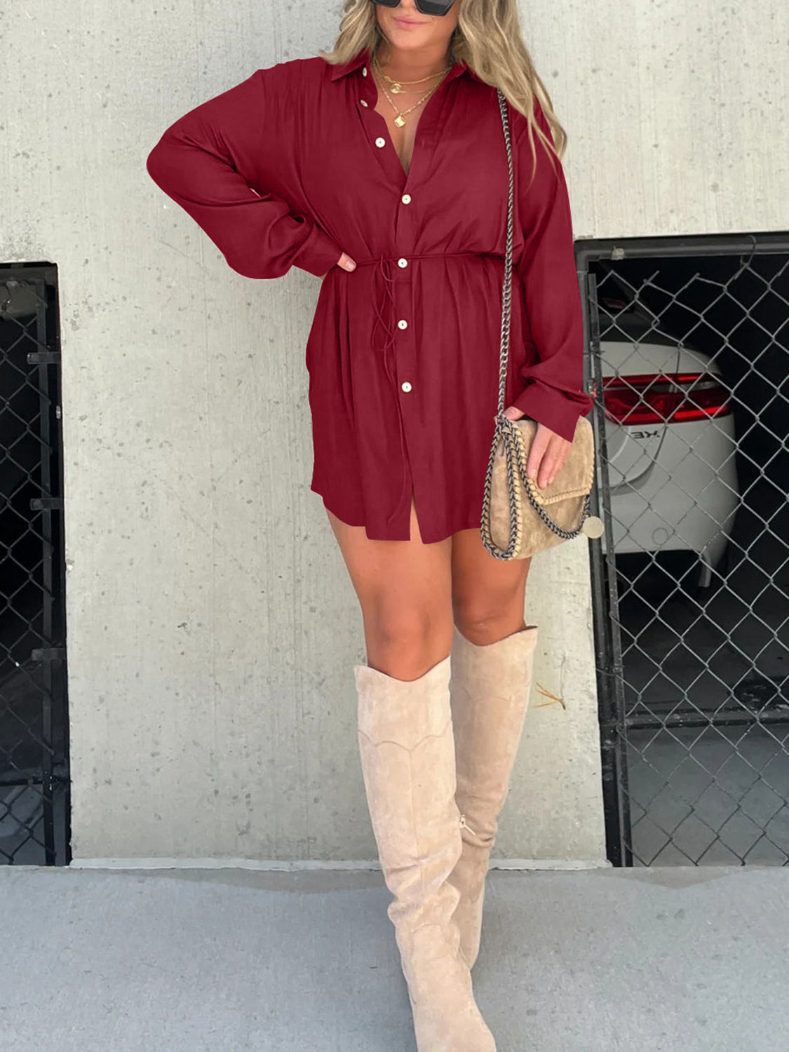 Button Up Long Sleeve Slit Shirt and Shorts Set - AllIn Computer