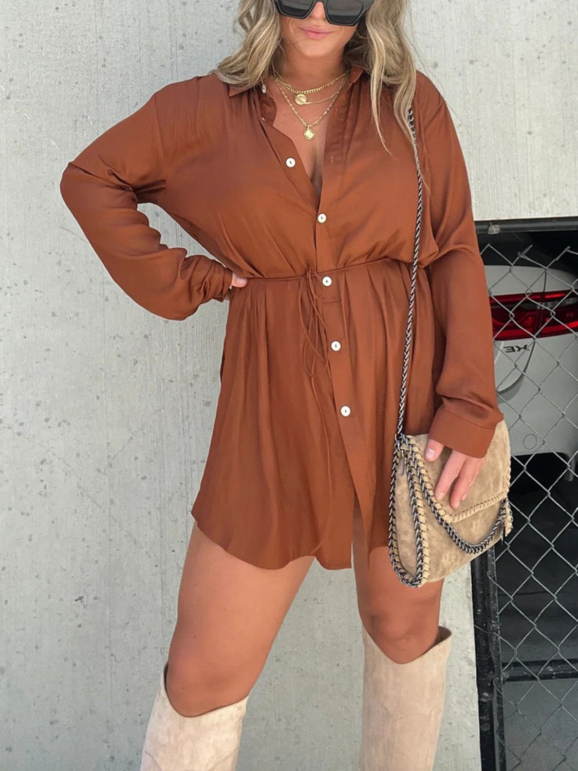 Button Up Long Sleeve Slit Shirt and Shorts Set - AllIn Computer