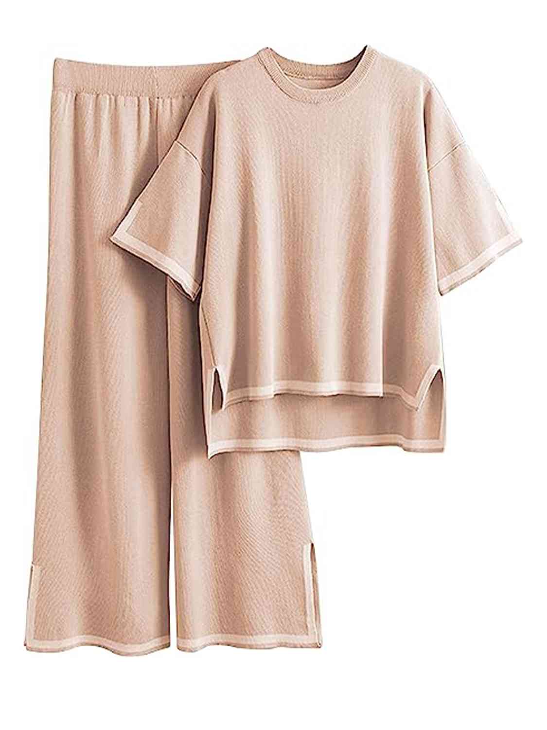 Contrast High-Low Sweater and Knit Pants Set - AllIn Computer