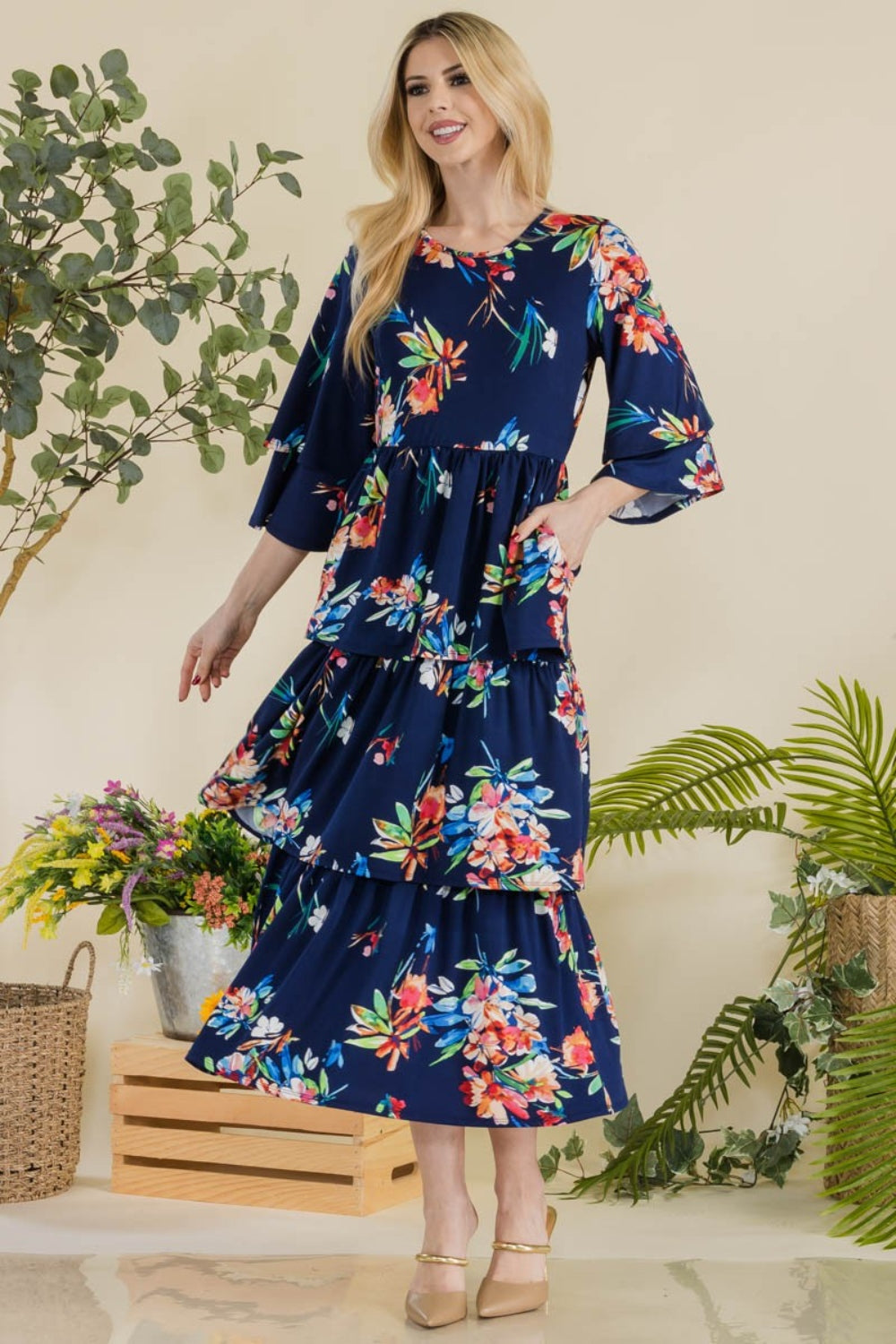 Celeste Full Size Floral Ruffle Tiered Midi Dress - AllIn Computer