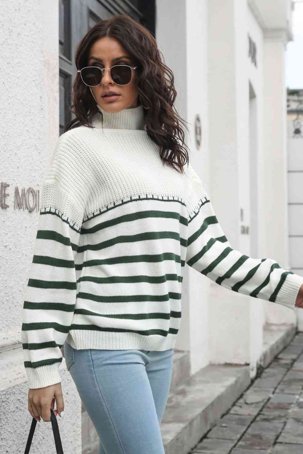 Striped Turtleneck Drop Shoulder Sweater - AllIn Computer