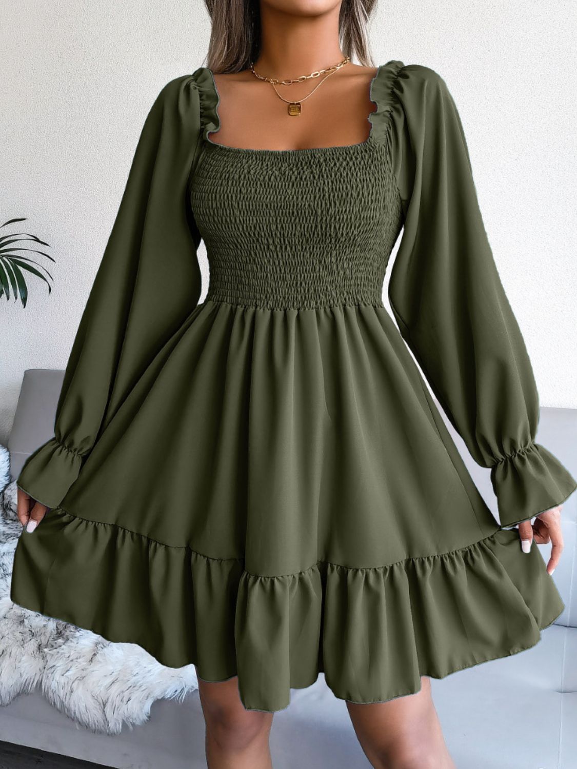 Smocked Flounce Sleeve Square Neck Dress - AllIn Computer