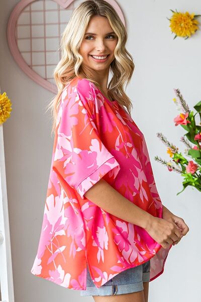 First Love Slit Printed Round Neck Half Sleeve Blouse - AllIn Computer