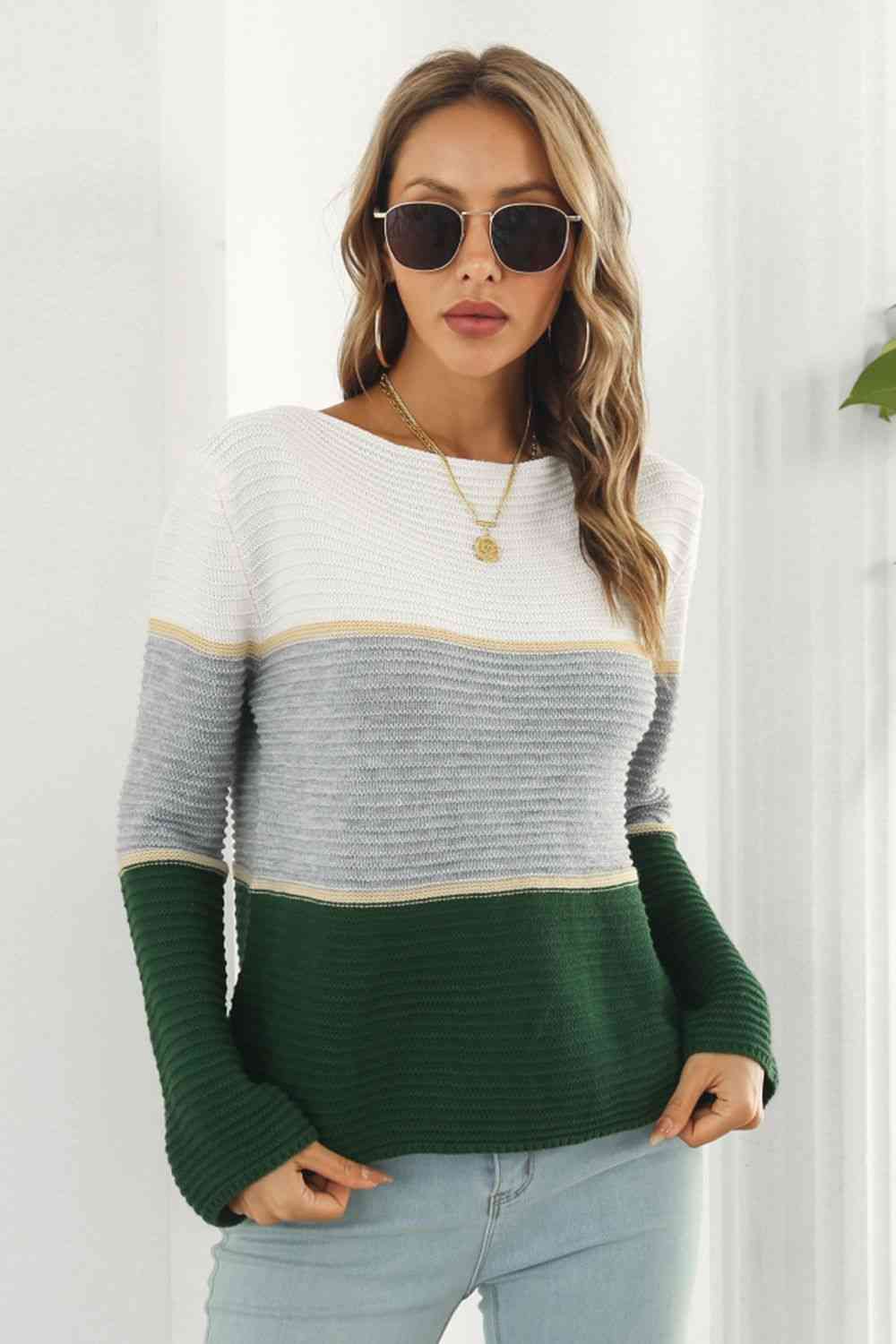 Color Block Horizontal Ribbing Sweater - AllIn Computer