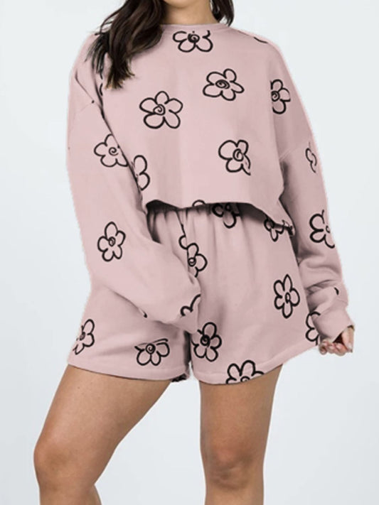 Floral Dropped Shoulder Sweatshirt and Shorts Set - AllIn Computer