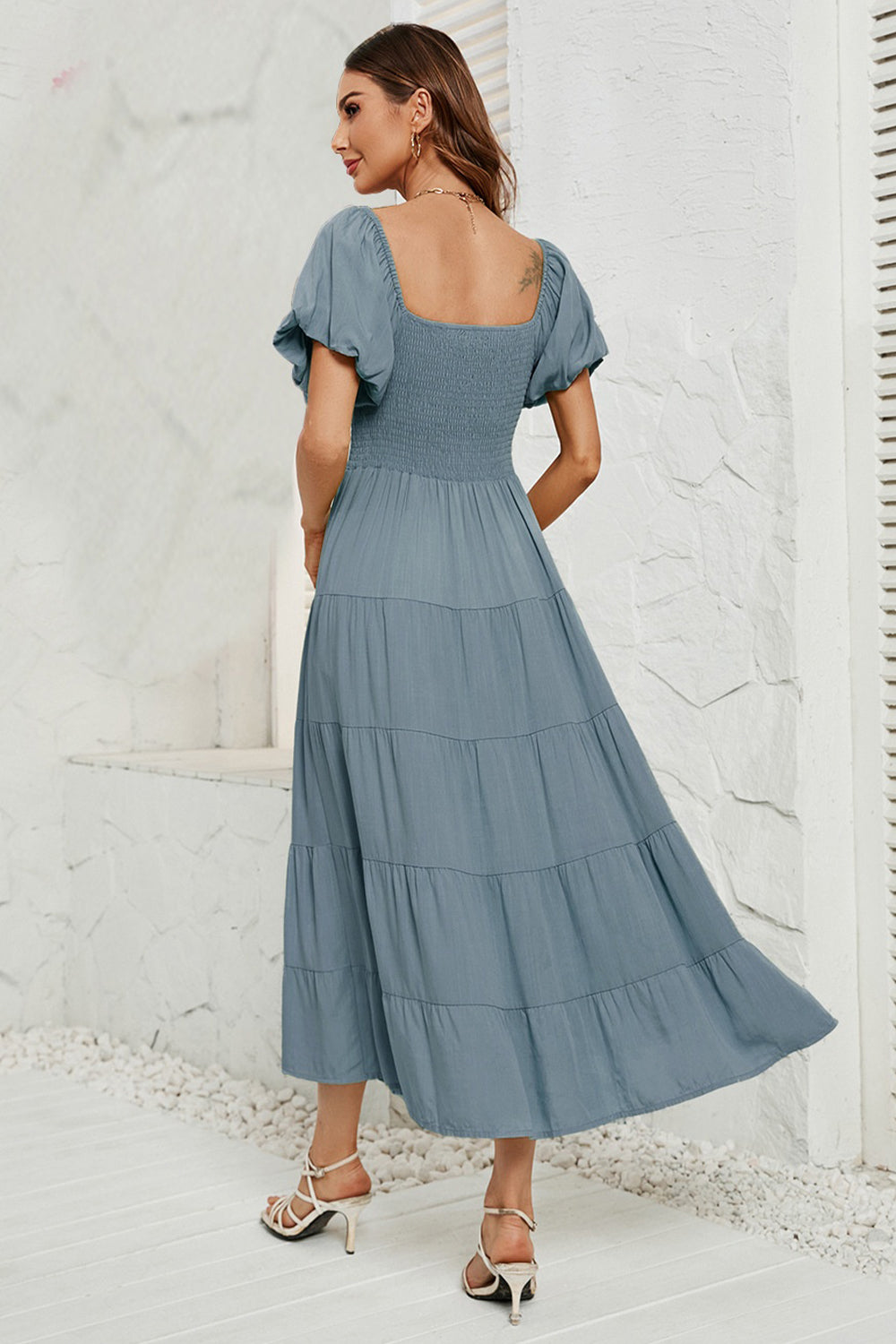 Smocked Square Neck Puff Sleeve Dress - AllIn Computer