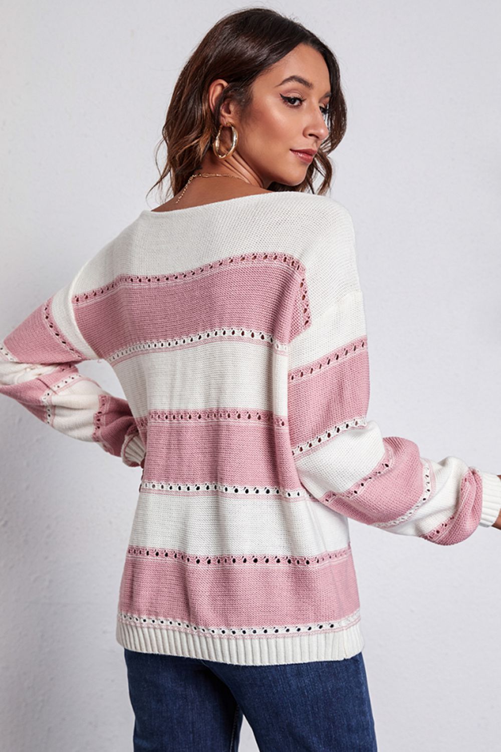 Striped Boat Neck Dropped Shoulder Sweater - AllIn Computer
