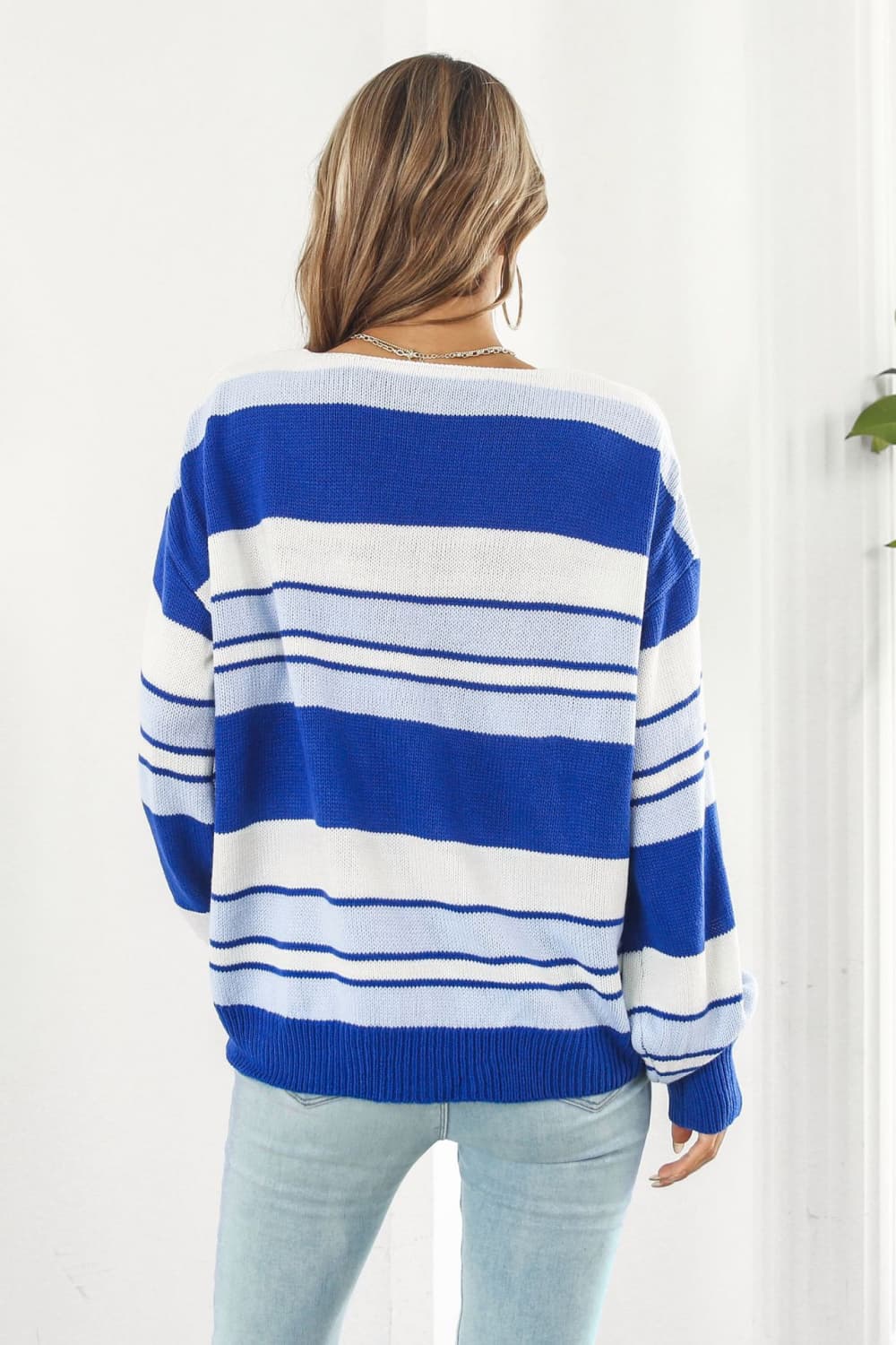Striped V-Neck Dropped Shoulder Sweater - AllIn Computer