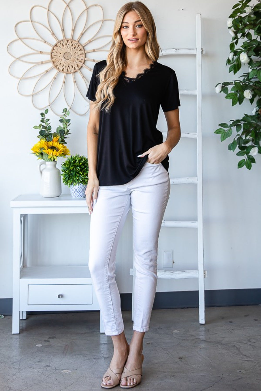 Heimish Lace Detail V-Neck Short Sleeve T-Shirt - AllIn Computer
