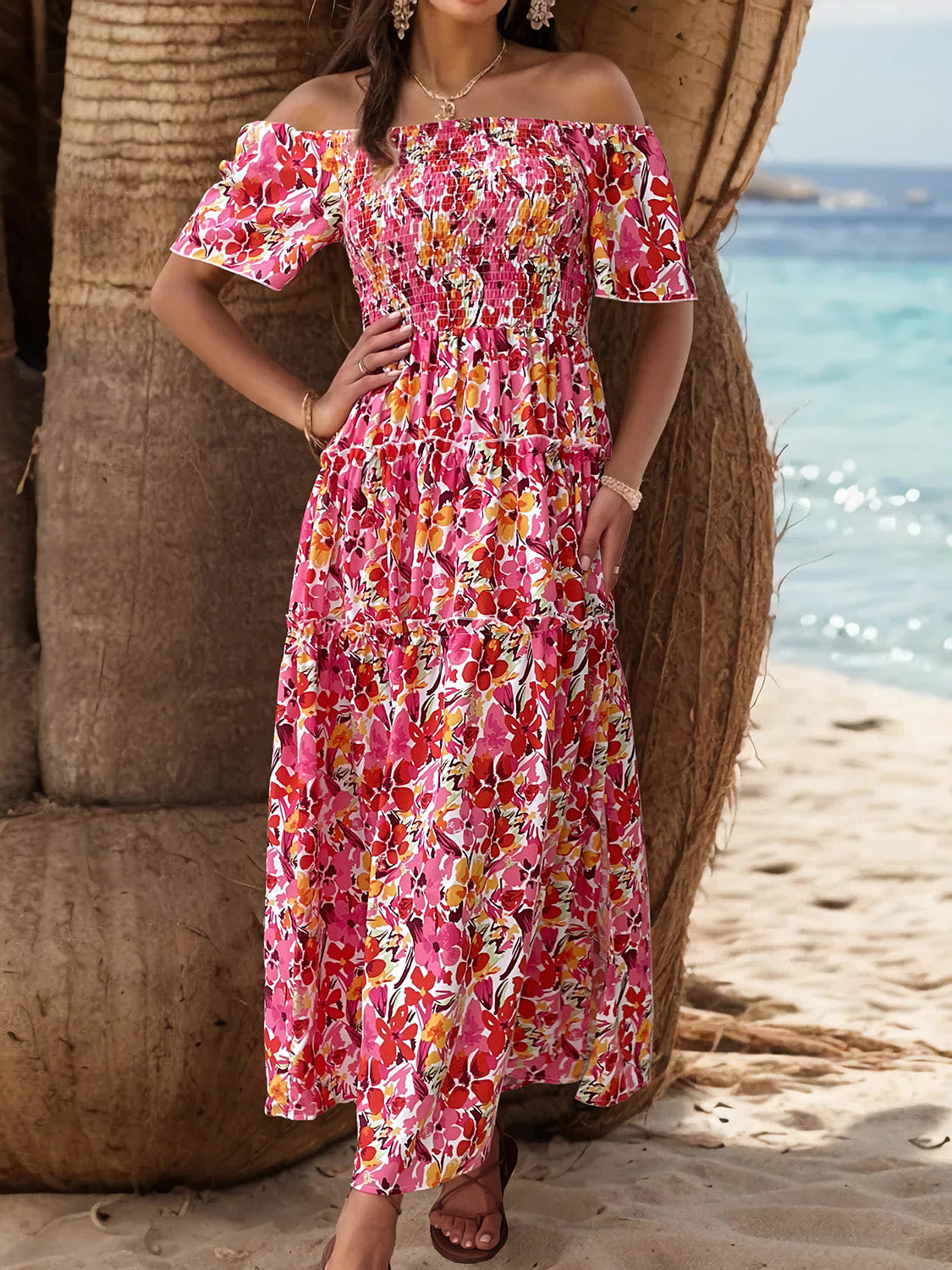Slit Floral Off-Shoulder Short Sleeve Dress - AllIn Computer