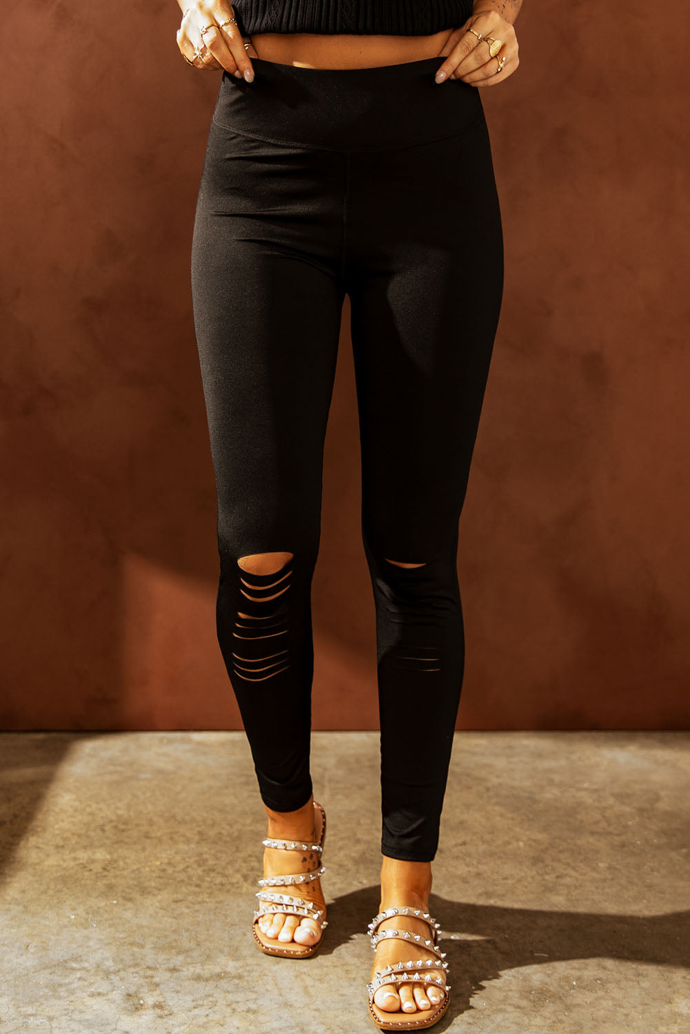 Double Take Wide Waistband Distressed Slim Fit Leggings - AllIn Computer