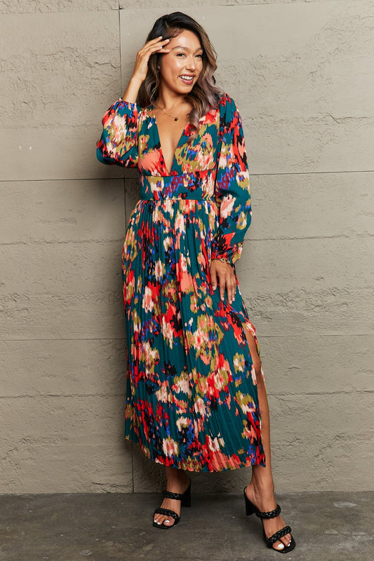 Printed Deep V Slit Pleated Dress - AllIn Computer