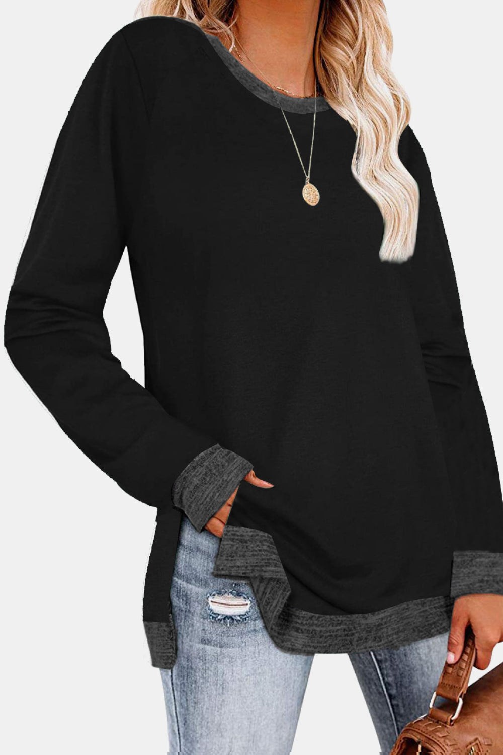 Round Neck Long Sleeve Slit T-Shirt - AllIn Computer