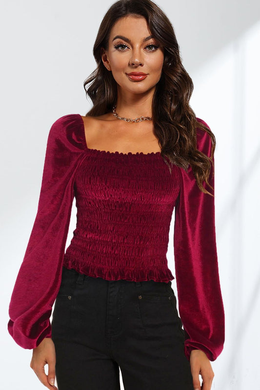 Double Take Smocked Square Neck Long Sleeve Blouse - AllIn Computer