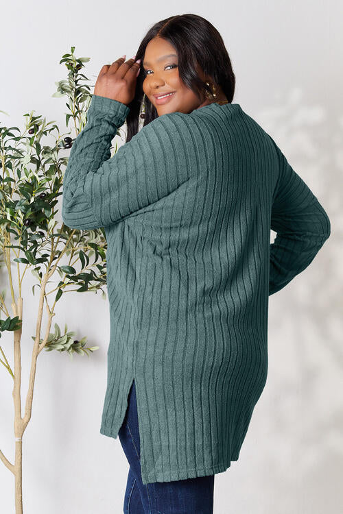 Basic Bae Full Size Ribbed Round Neck Long Sleeve Slit Top - AllIn Computer