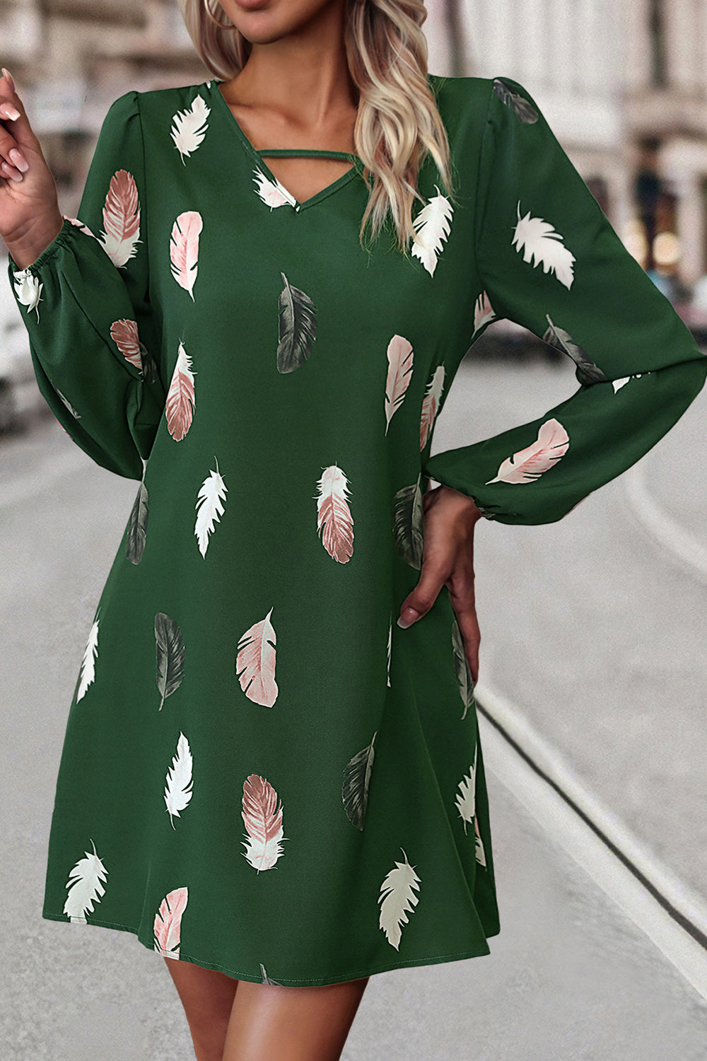 Feather Print V-Neck Dress - AllIn Computer