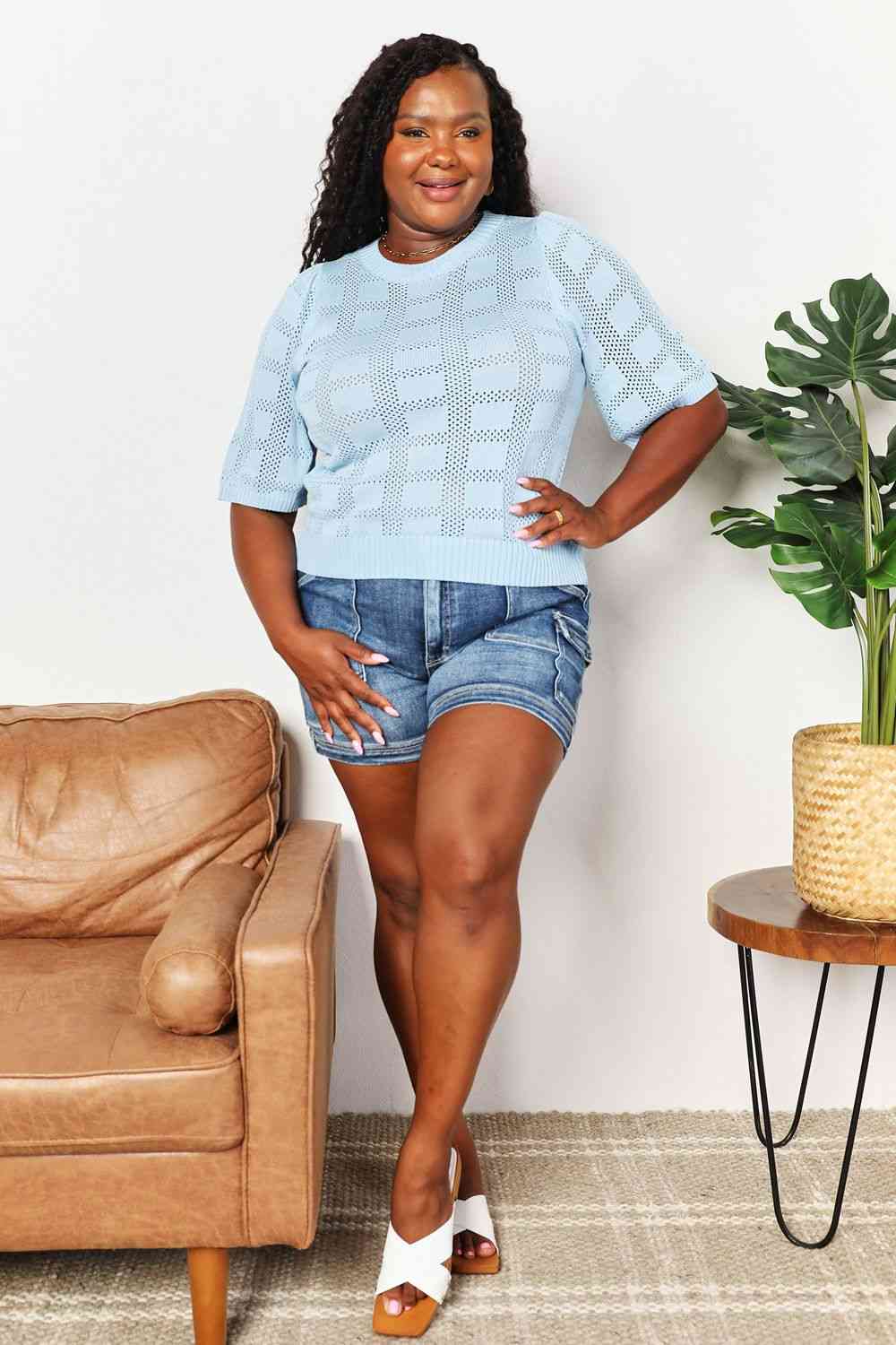 Double Take Ribbed Trim Round Neck Knit Top - AllIn Computer