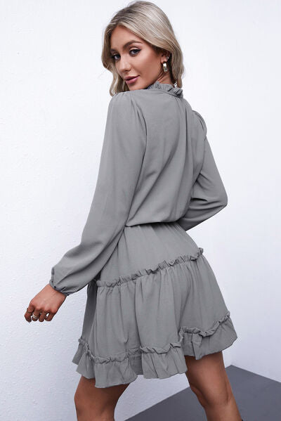 Frill Tie Neck Balloon Sleeve Dress - AllIn Computer