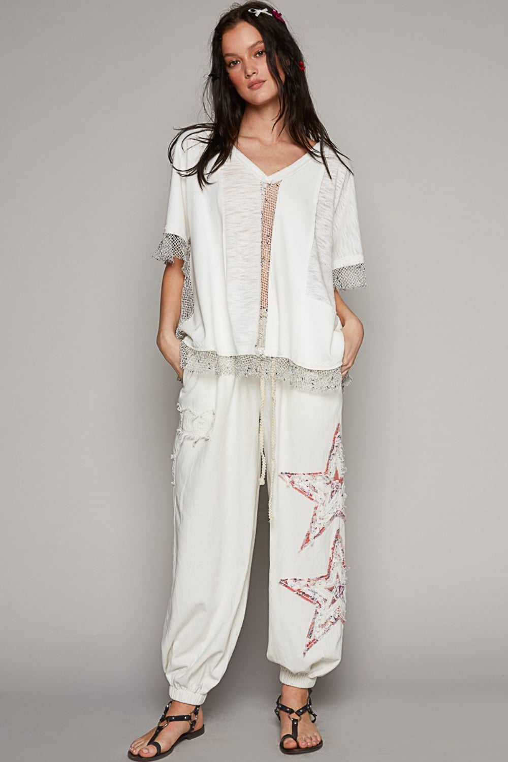 POL Openwork V-Neck Half Sleeve Top - AllIn Computer