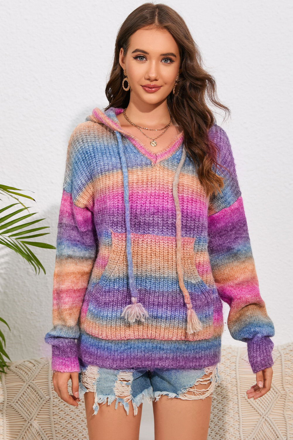 Multi-Color Dropped Shoulder Hooded Sweater - AllIn Computer