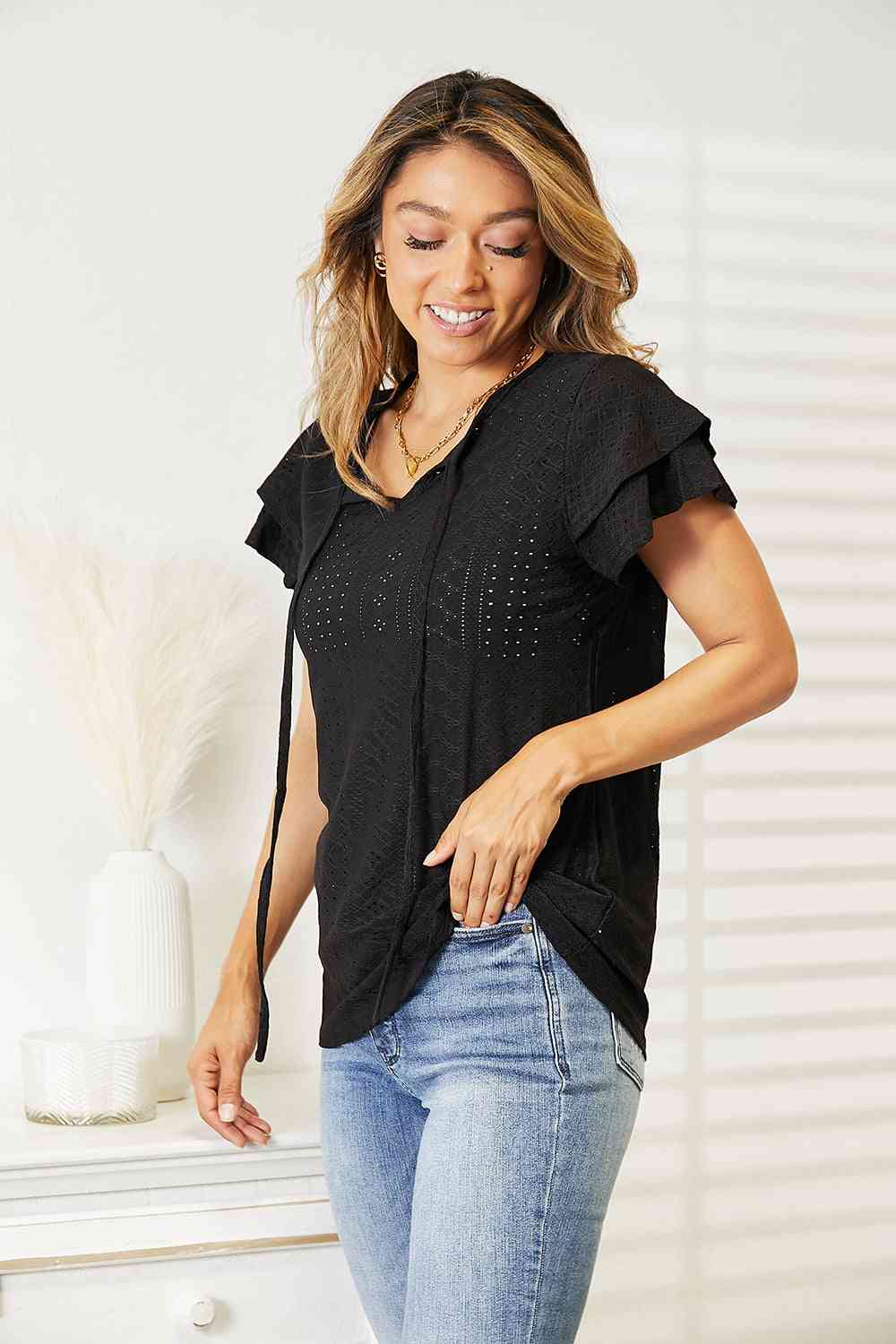 Double Take Eyelet Tie-Neck Flutter Sleeve Blouse - AllIn Computer