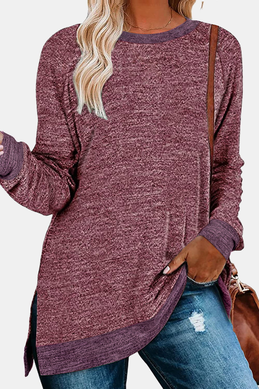 Round Neck Long Sleeve Slit T-Shirt - AllIn Computer