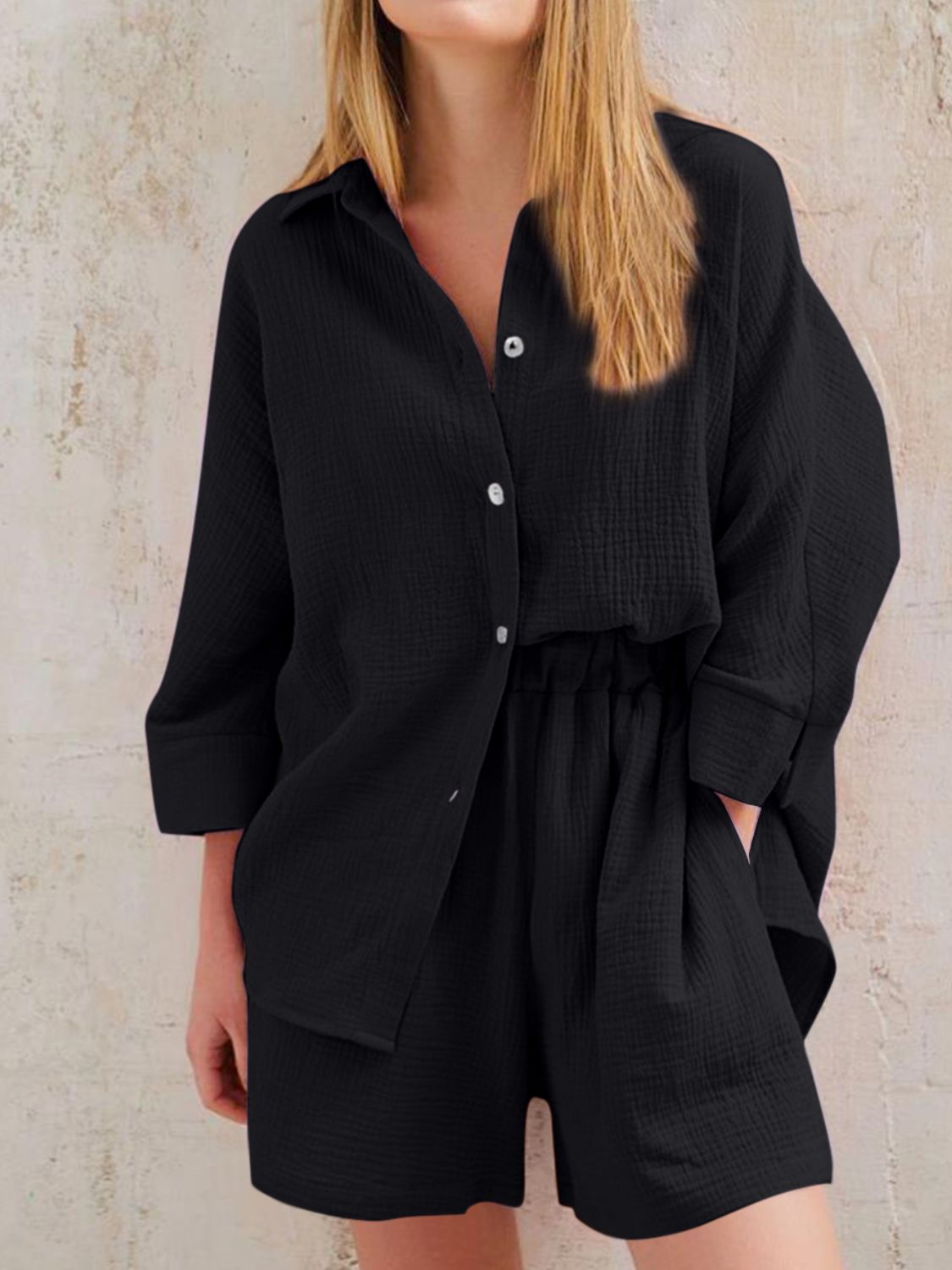 Texture Button Up Shirt and Shorts Set - AllIn Computer