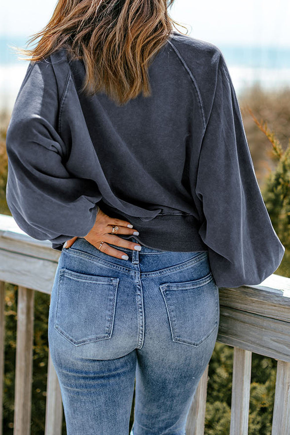 Quarter-Snap Collared Lantern Sleeve Sweatshirt - AllIn Computer