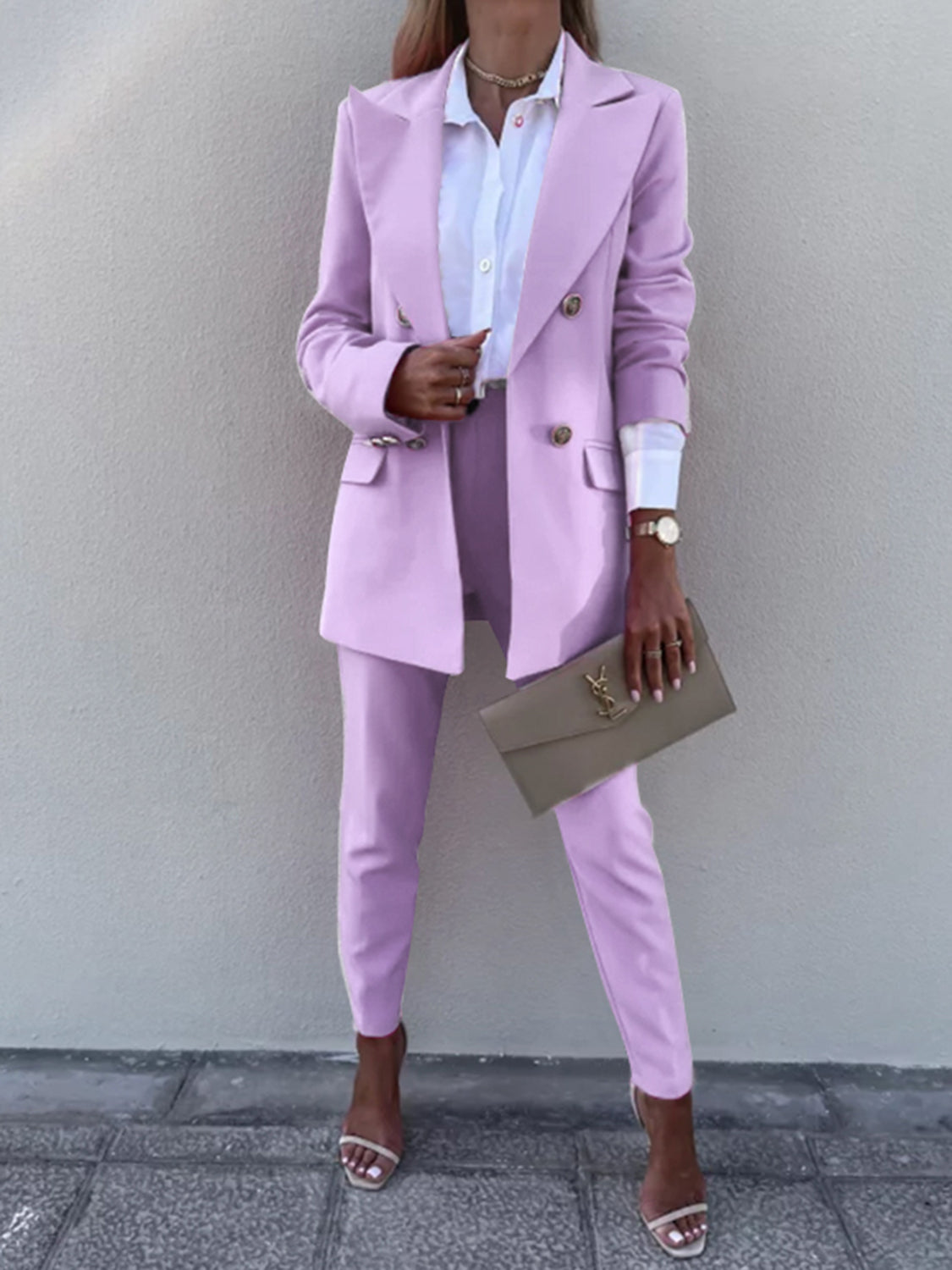 Lapel Collar Long Sleeve Blazer and Pants Set - AllIn Computer