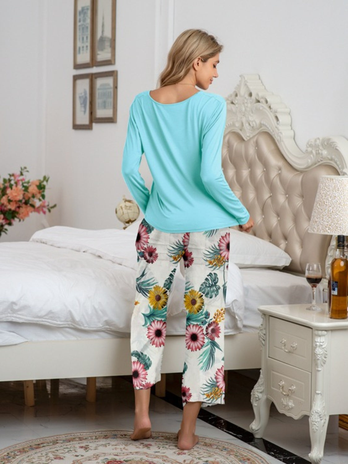 Round Neck Top and Printed Pants Lounge Set - AllIn Computer