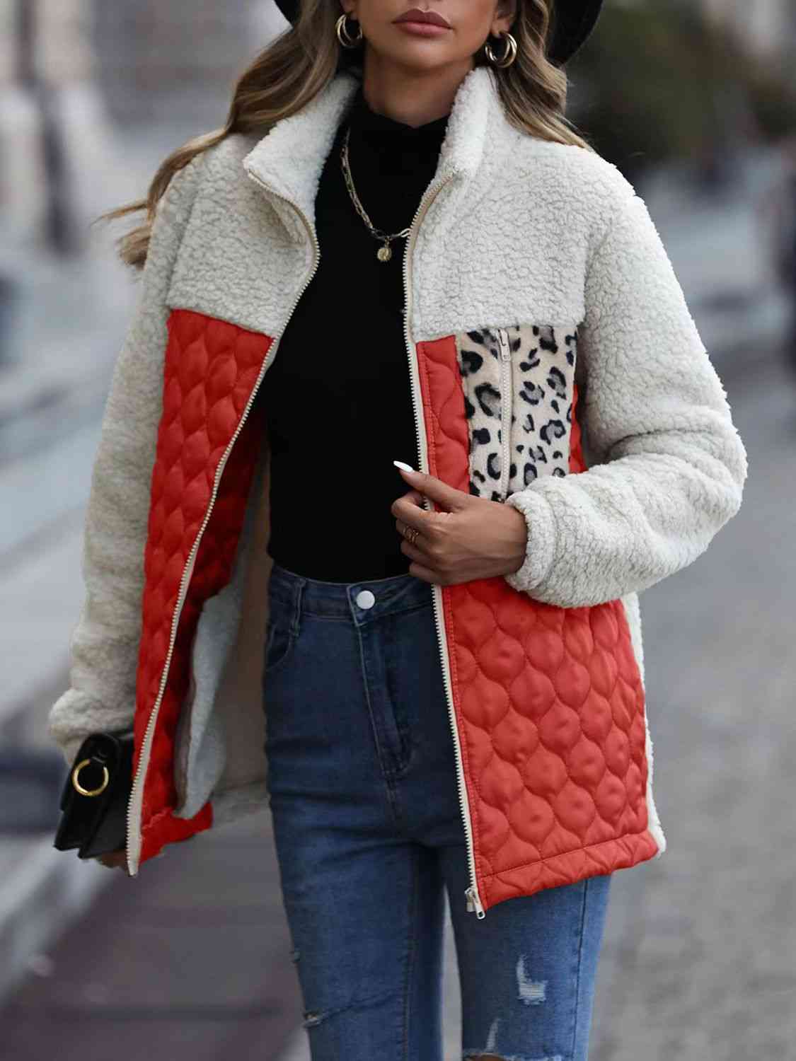 Leopard Color Block Zip-Up Jacket - AllIn Computer