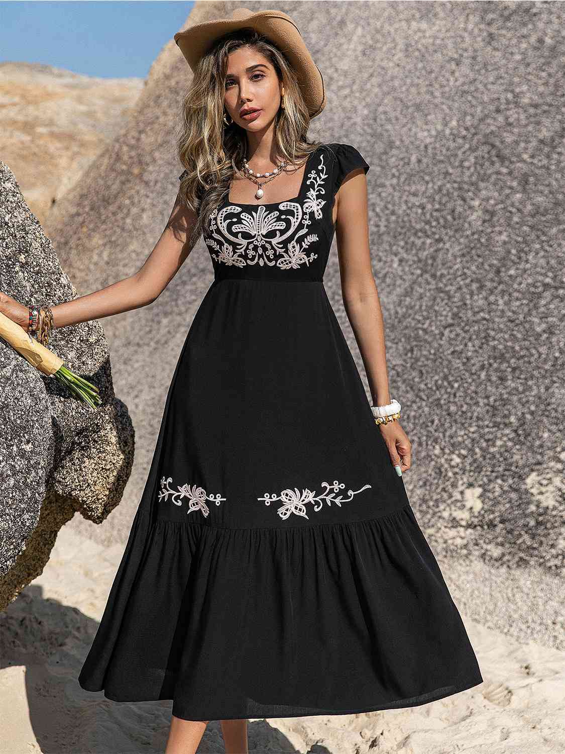 Embroidered Square Neck Ruffle Hem Dress - AllIn Computer