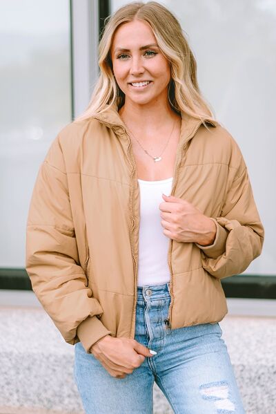 Zip Up Collared Neck Coat with Pockets - AllIn Computer