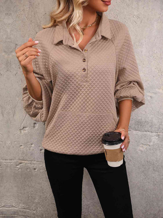Collared Neck Buttoned Sweatshirt with Pocket - AllIn Computer