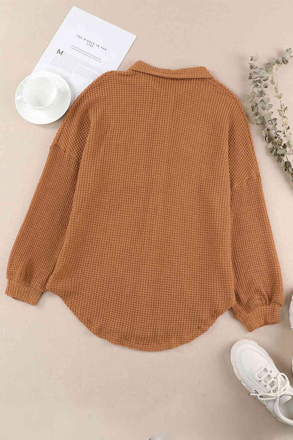 Waffle-Knit Button Up Long Sleeve Shirt with Pocket - AllIn Computer