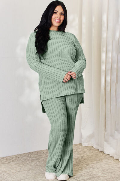 Basic Bae Full Size Ribbed High-Low Top and Wide Leg Pants Set - AllIn Computer