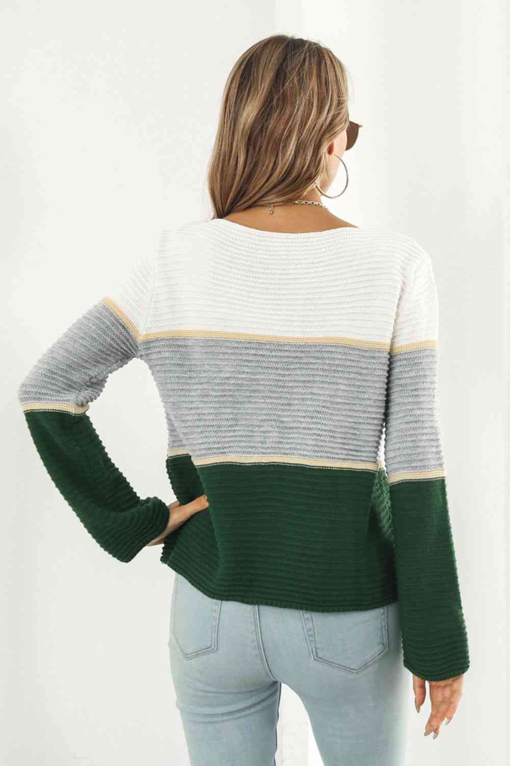 Color Block Horizontal Ribbing Sweater - AllIn Computer