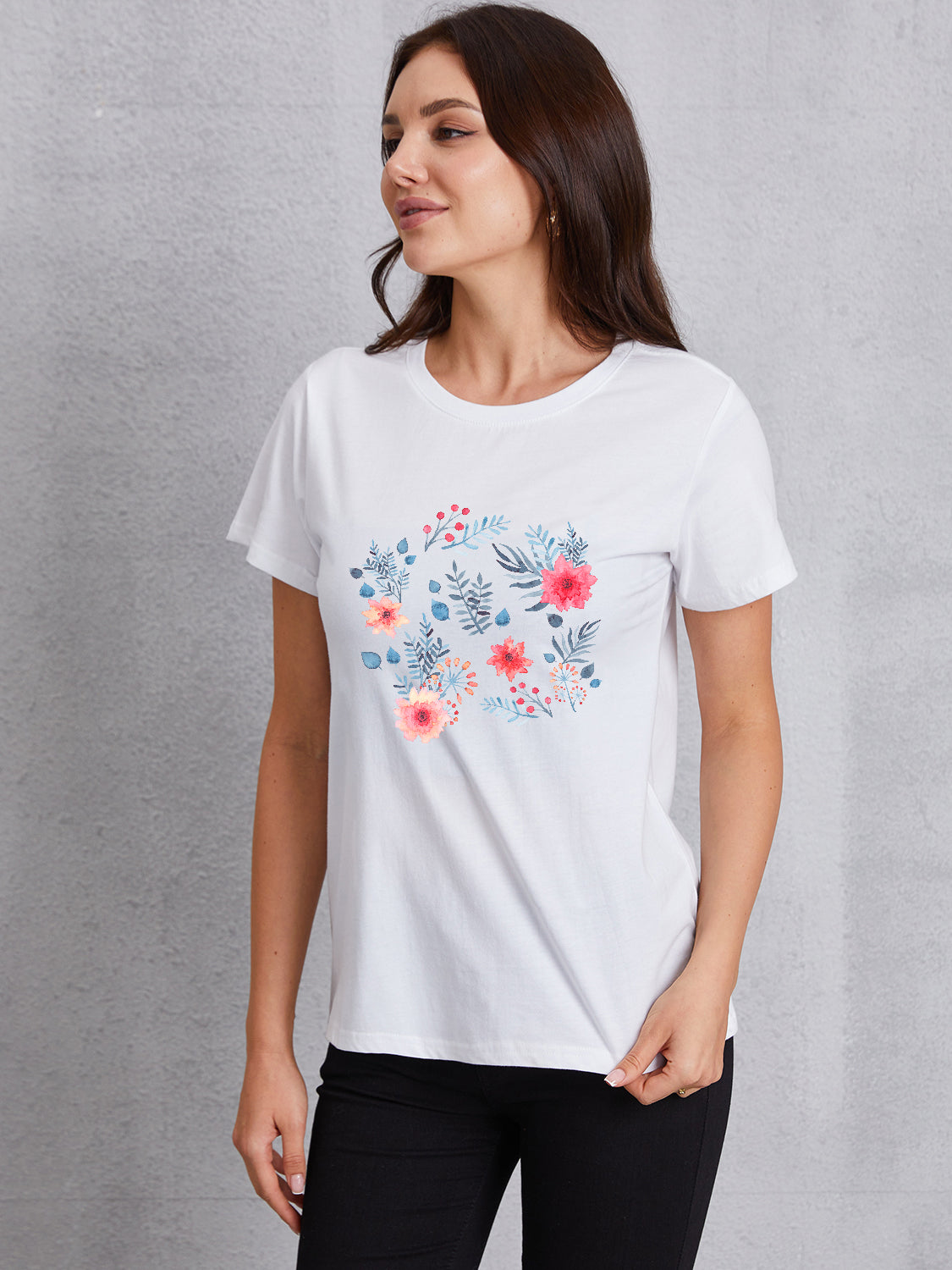 Flower Round Neck Short Sleeve T-Shirt - AllIn Computer