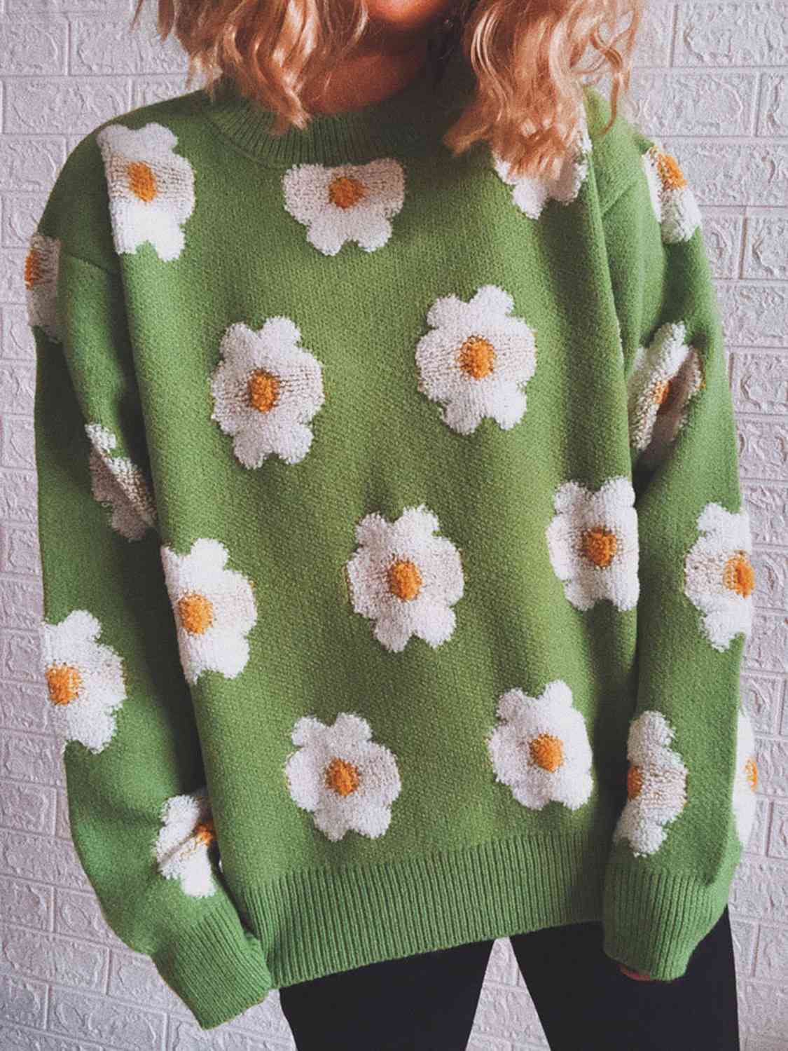 Flower Round Neck Long Sleeve Sweater - AllIn Computer