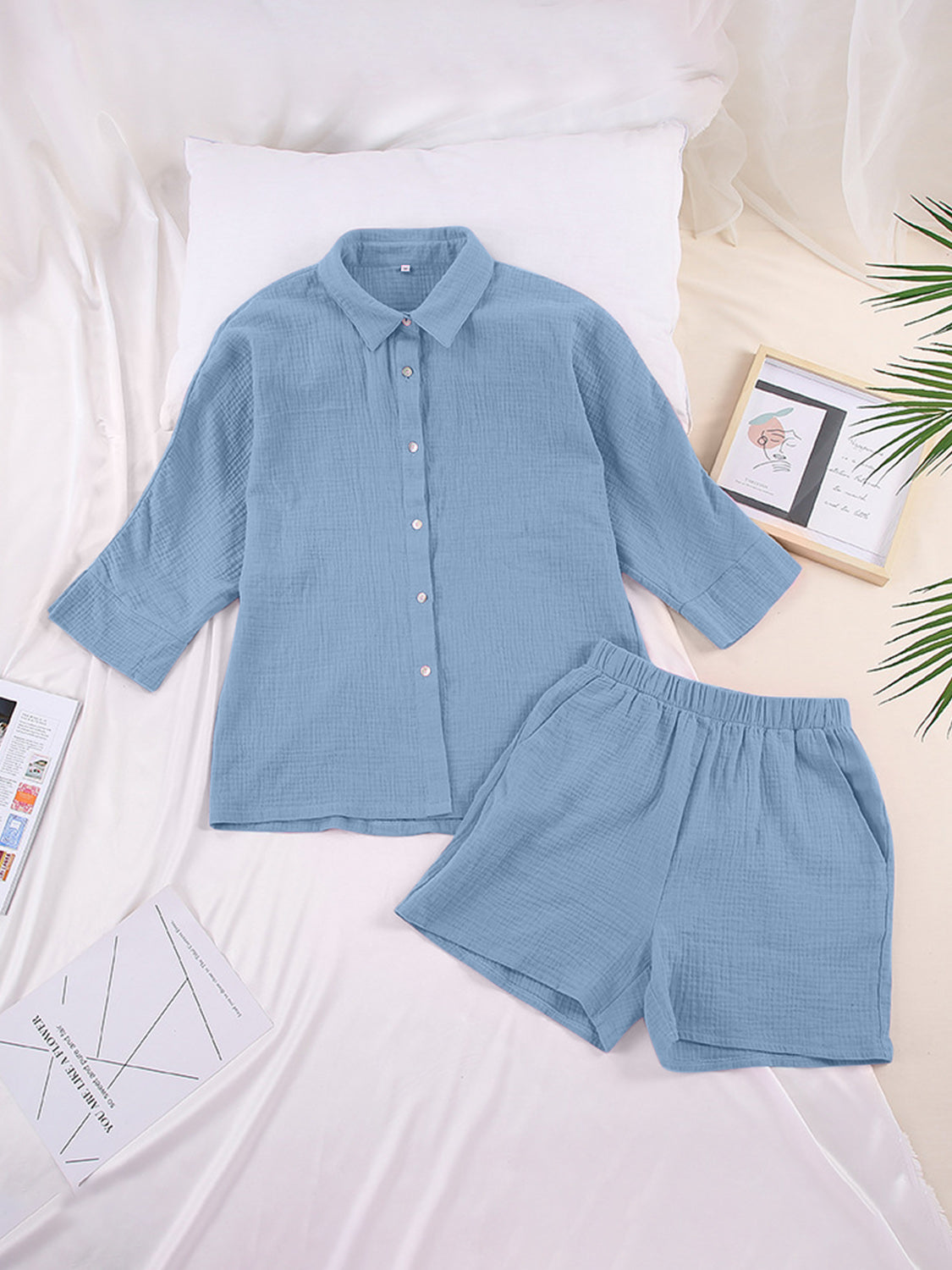 Texture Button Up Shirt and Shorts Set - AllIn Computer