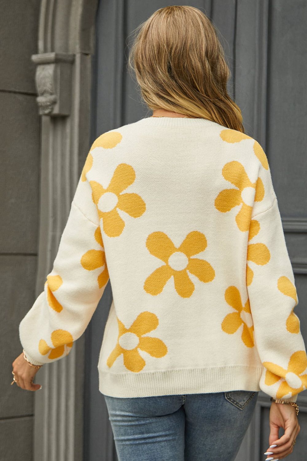 Floral Print Round Neck Dropped Shoulder Pullover Sweater - AllIn Computer