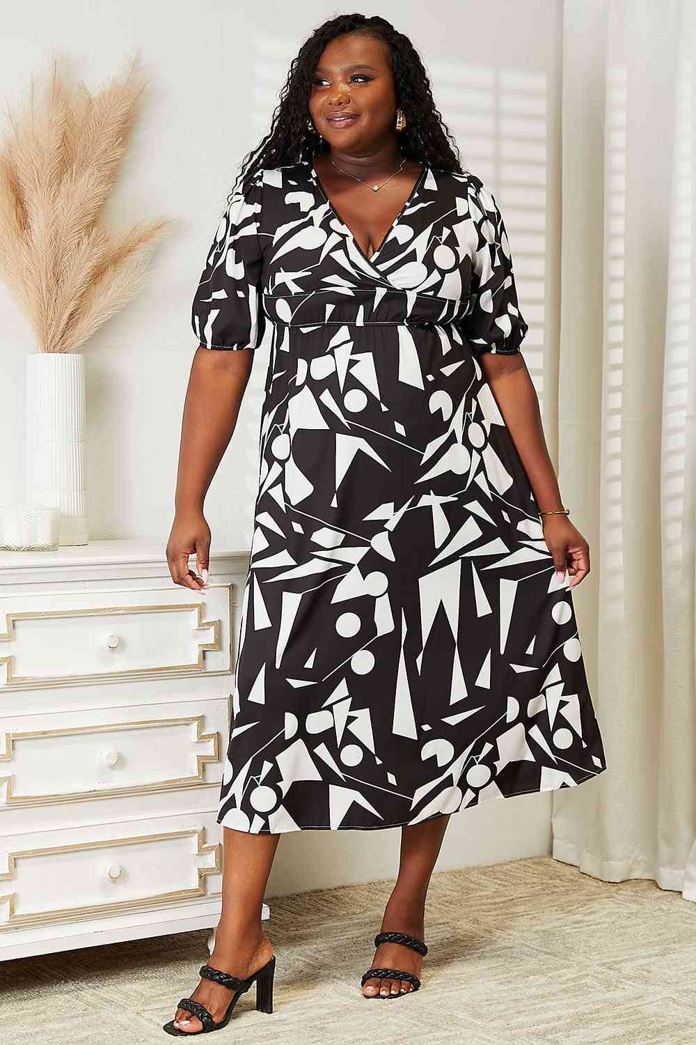 Double Take Printed Surplice Balloon Sleeve Dress - AllIn Computer