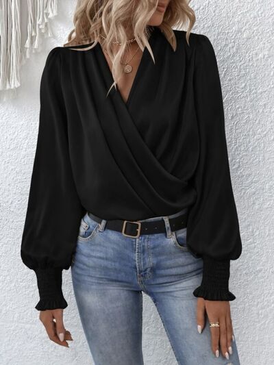 Surplice Smocked Lantern Sleeve Blouse - AllIn Computer