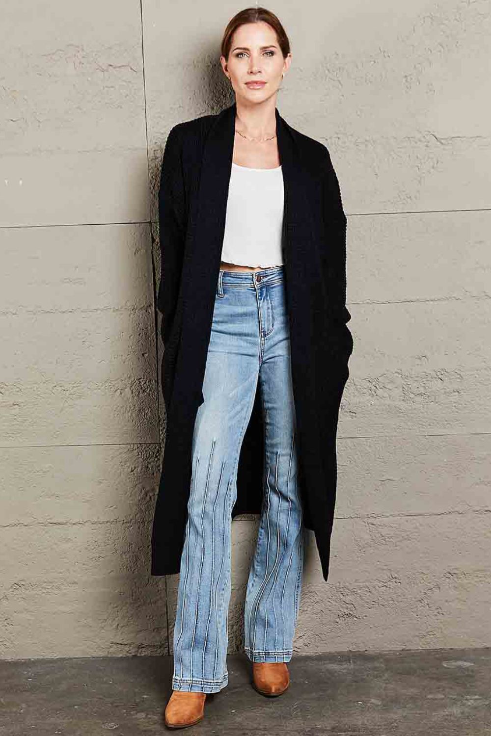 Double Take Waffle Knit Open Front Duster Cardigan With Pockets - AllIn Computer