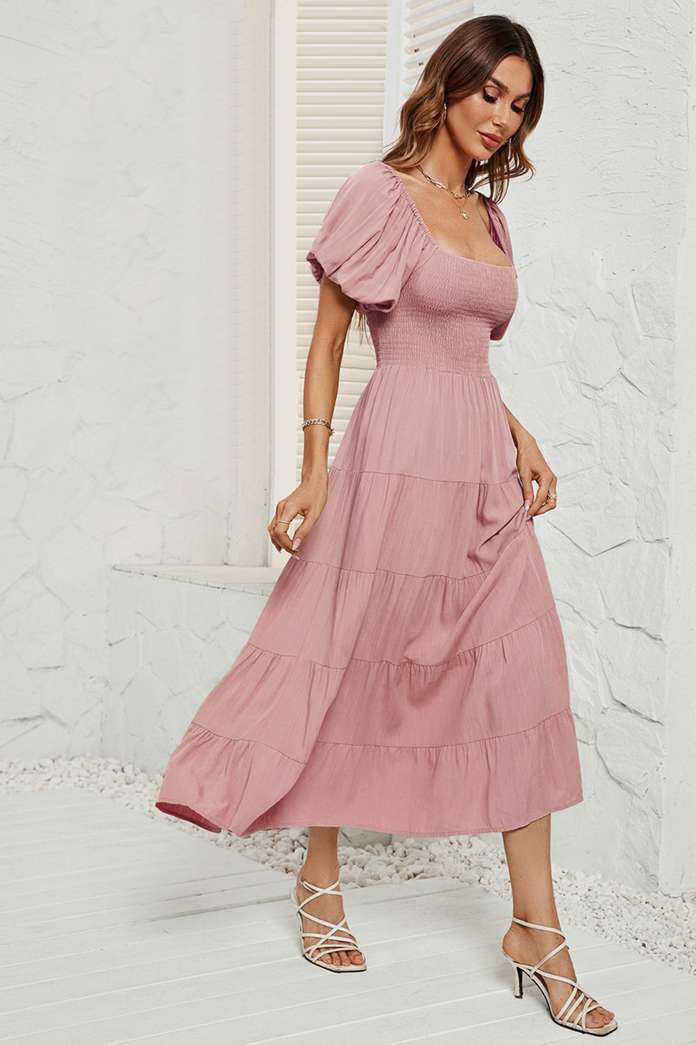 Smocked Square Neck Puff Sleeve Dress - AllIn Computer