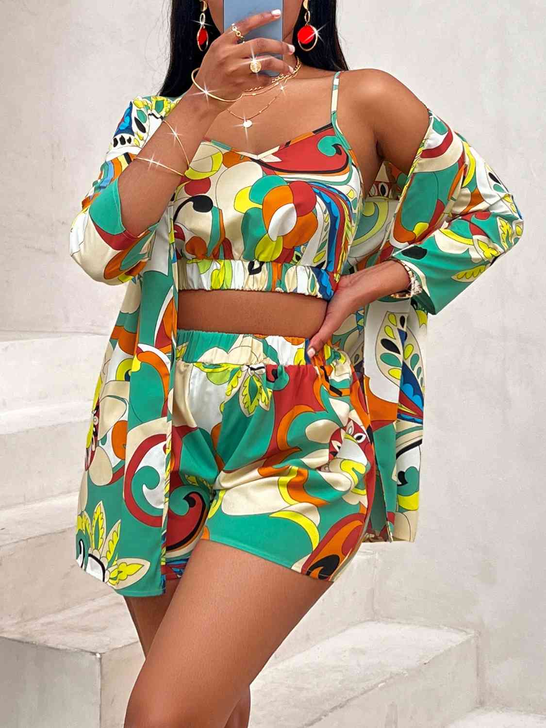 Printed Cami, Shorts, and Cardigan Set - AllIn Computer