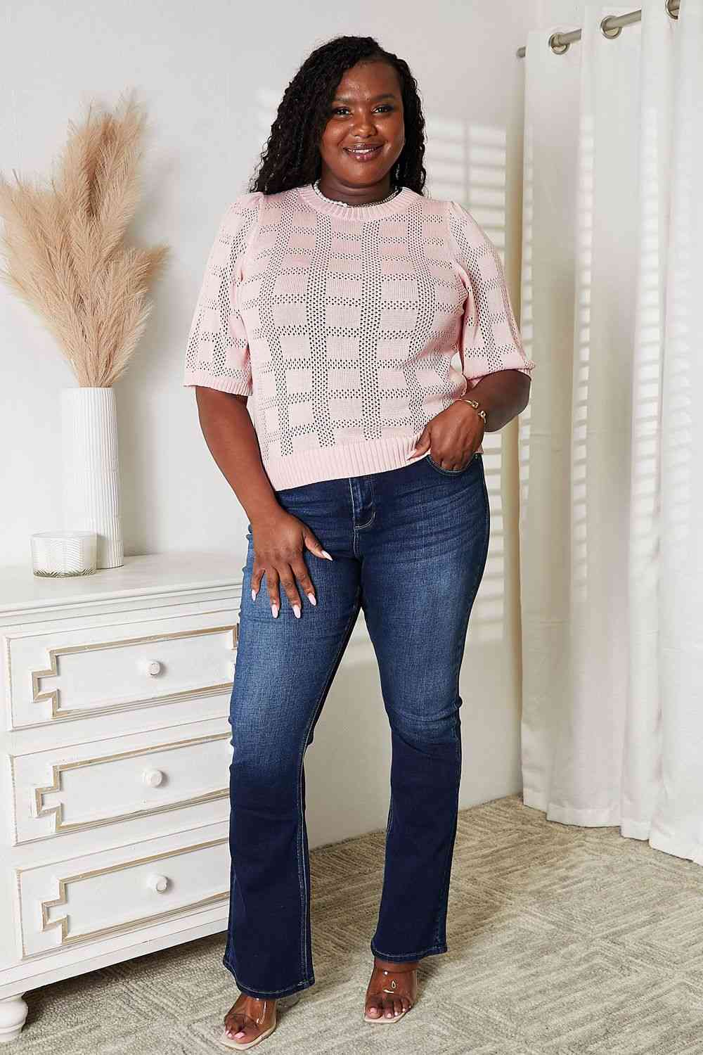Double Take Ribbed Trim Round Neck Knit Top - AllIn Computer
